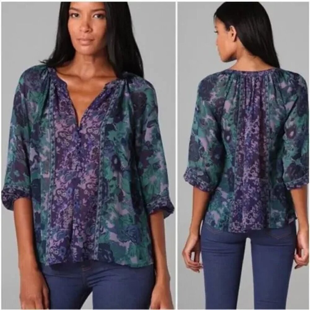 💕JOIE Border💕 Floral Gloria Top ~ 100% Silk Purple Green Floral Print XS